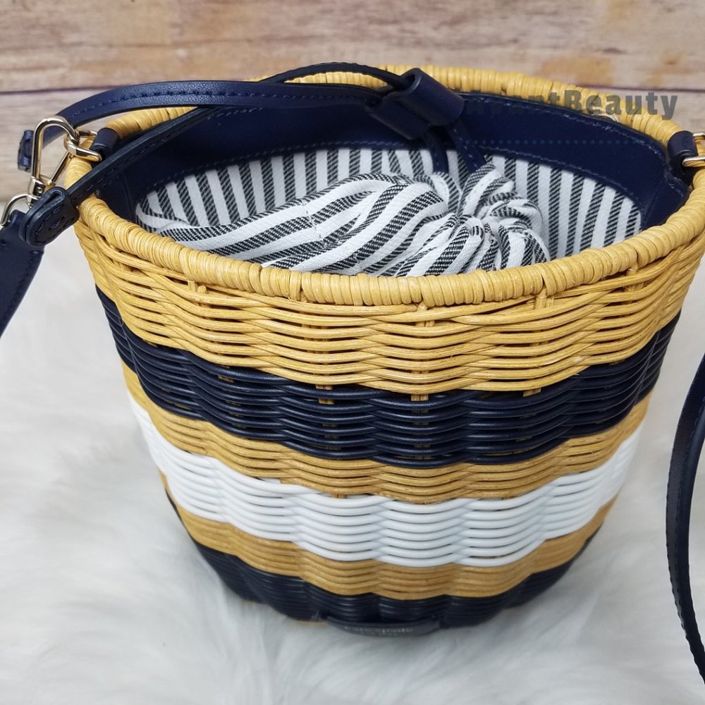 Kate Spade Medium Bucket Bag Buoy Wicker Blue Mult - Picture 3 of 16